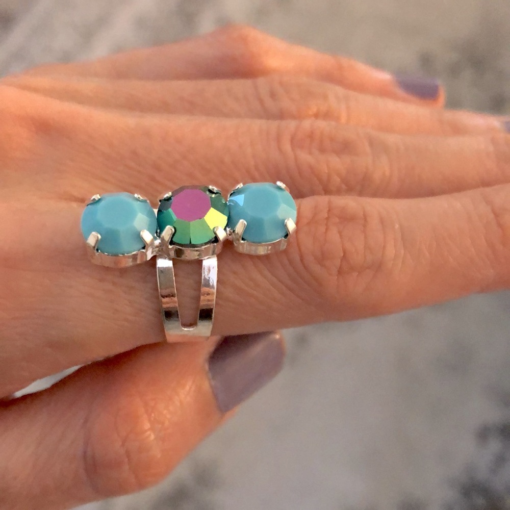 Turquoise + Peacock Teal Silver Crystal Statement Ring - Picture 9 of 10